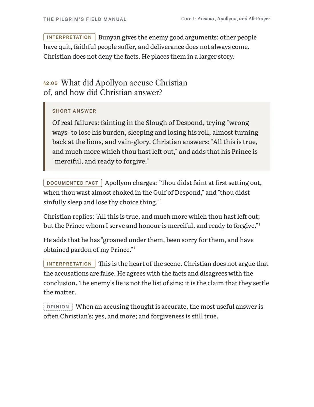 Core 1 page on how Christian answered Apollyon