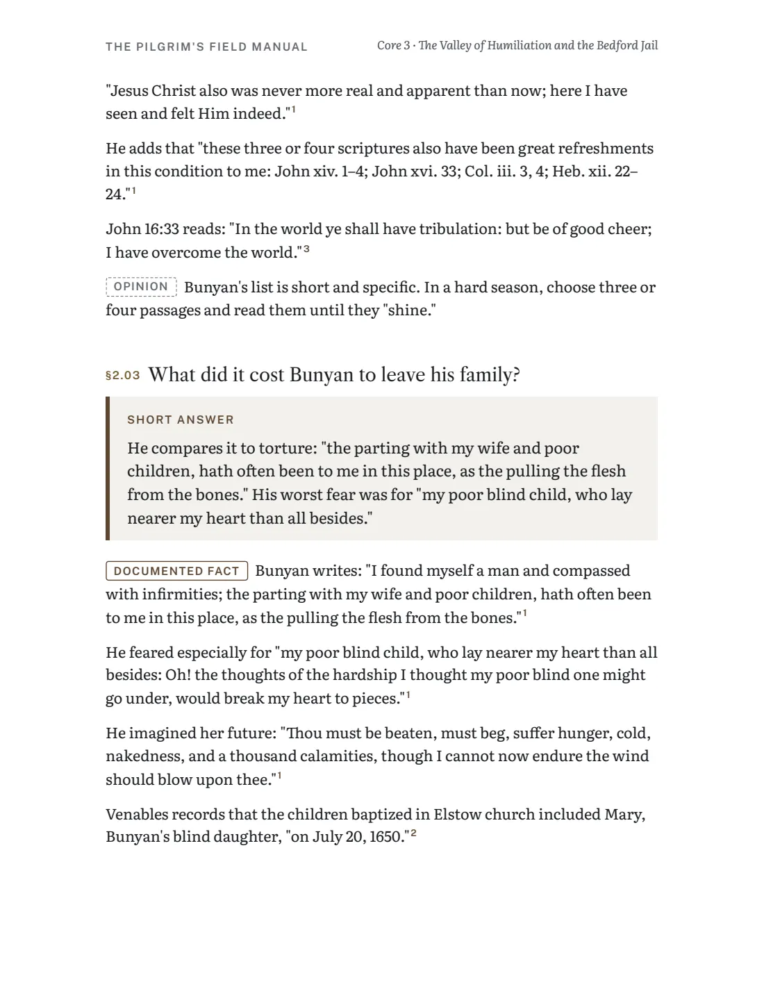 Core 3 page on Bunyan's family during his imprisonment
