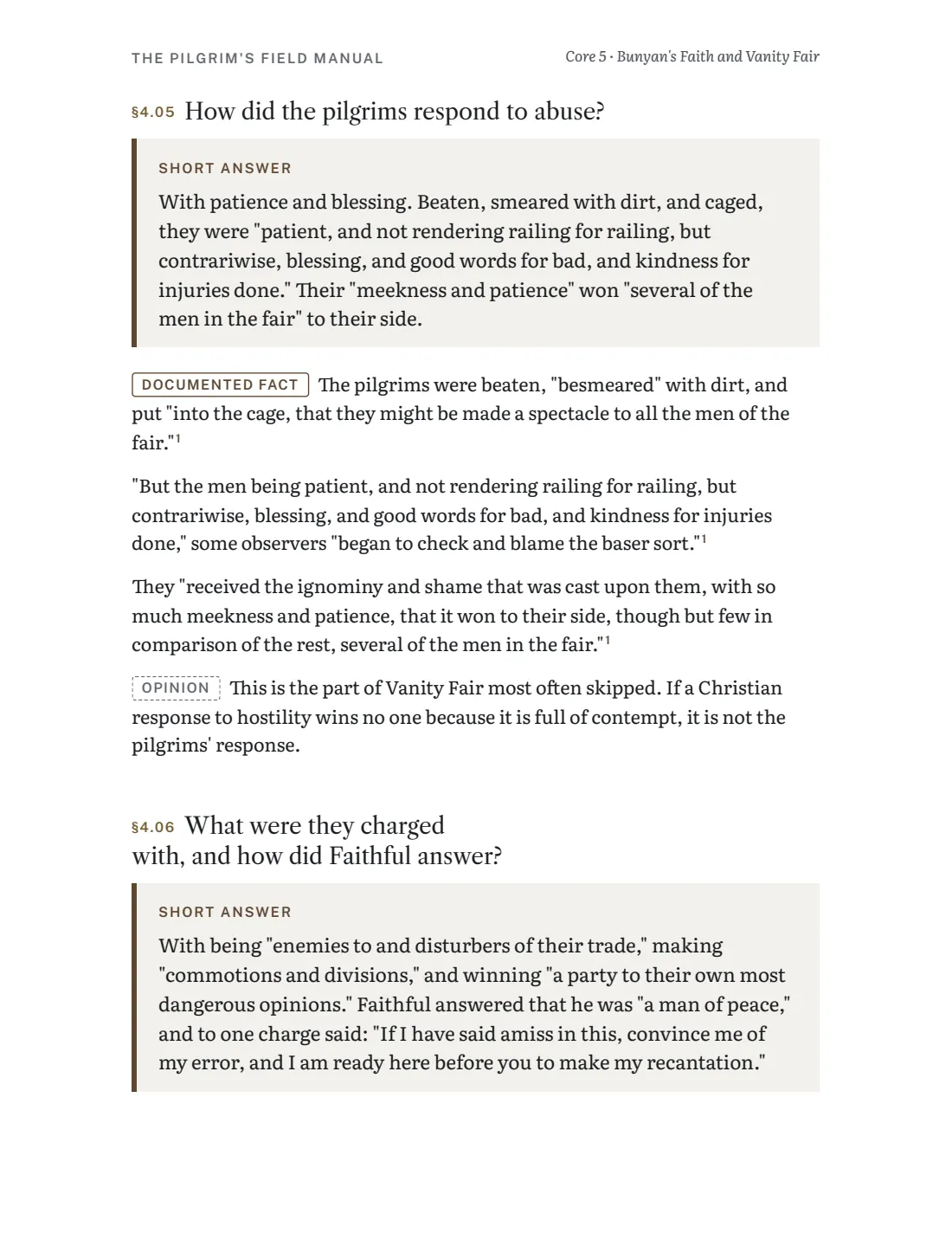 Core 5 page on how the pilgrims responded at Vanity Fair