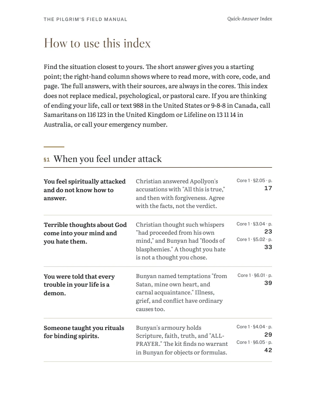 Quick-Answer Index page with situations, answers, and page numbers